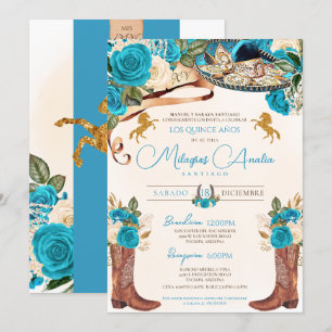 Turquoise Blue Roses Western Charro Quinceañera Invitation