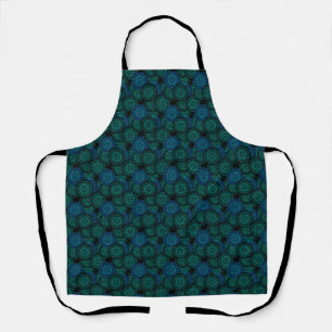 Turquoise blue round mandala on black background apron