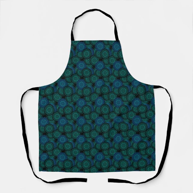 Turquoise blue round mandala on black background apron (Front)