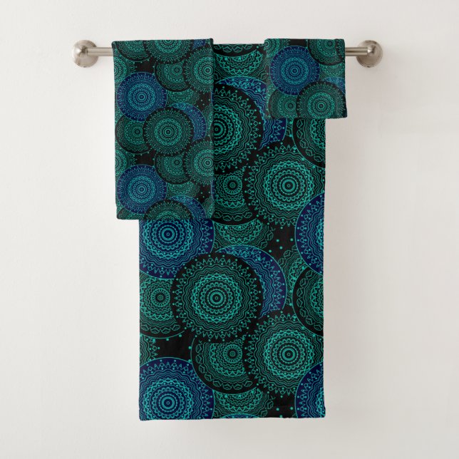 Turquoise blue round mandala on black background bath towel set (Insitu)