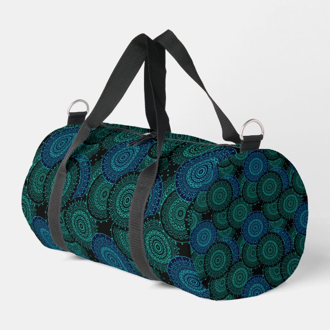 Turquoise blue round mandala on black background duffle bag (Left Corner)