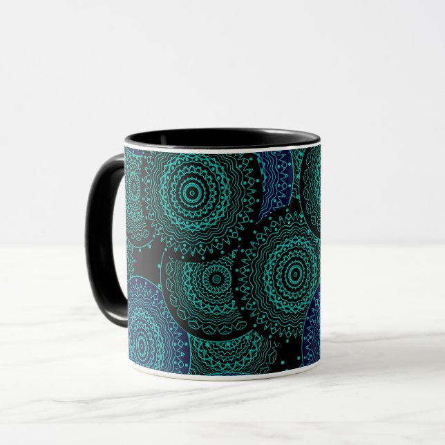 Turquoise blue round mandala on black background mug (Front Left)