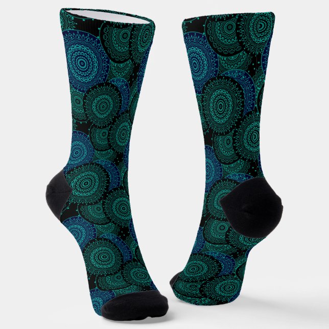 Turquoise blue round mandala on black background socks (Angled)