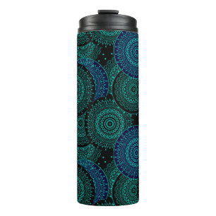 Turquoise blue round mandala on black background thermal tumbler