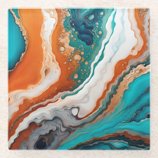 Turquoise blue, rust and gold paint abstract glass coaster (Front)