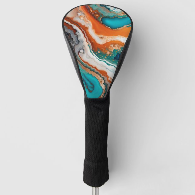 Turquoise blue, rust and gold paint abstract golf head cover (Front)