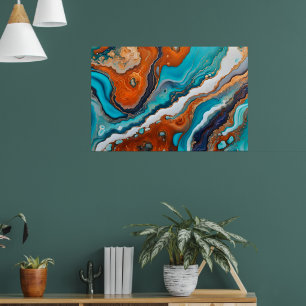 Turquoise blue, rust and gold paint abstract poster