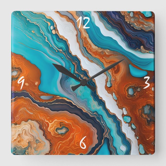 Turquoise blue, rust and gold paint abstract square wall clock (Front)