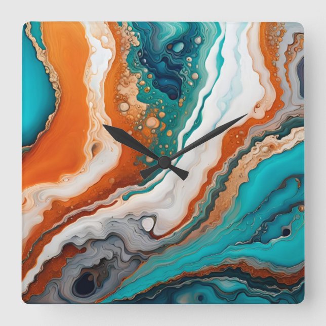 Turquoise blue, rust and gold paint abstract square wall clock (Front)