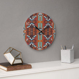 Turquoise Blue Rust Orange Red Brown Tribal Art Large Clock