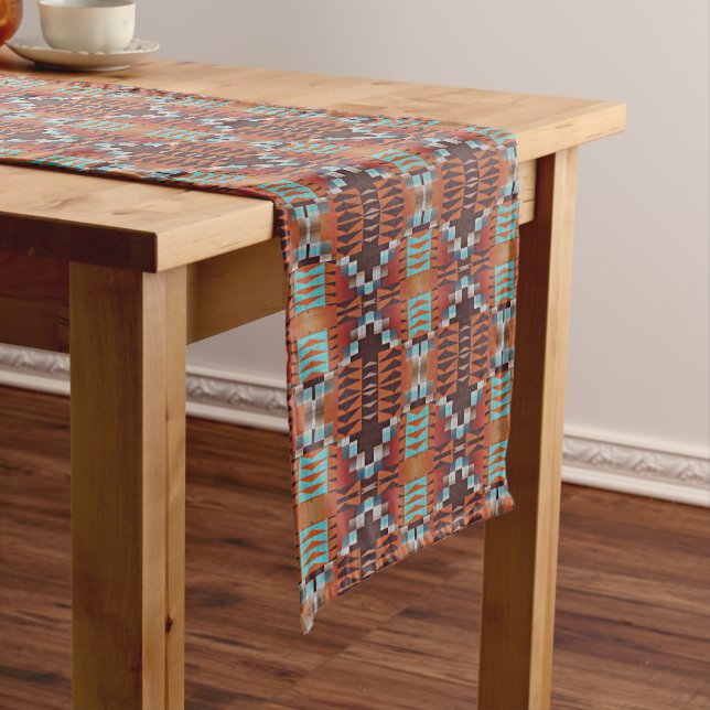 Turquoise Blue Rust Orange Red Brown Tribal Art Short Table Runner (In Situ)