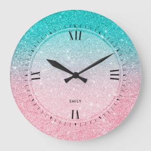 Turquoise-Blue & Salmon Pink faux Glitter Large Clock