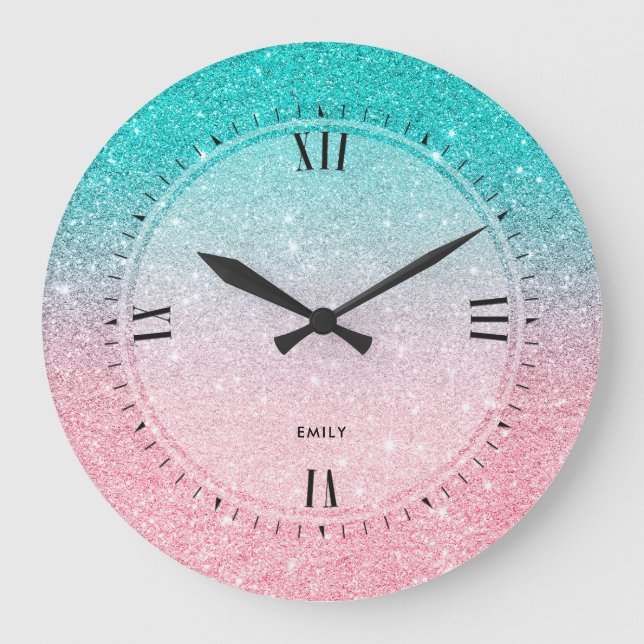 Turquoise-Blue & Salmon Pink faux Glitter Large Clock (Front)