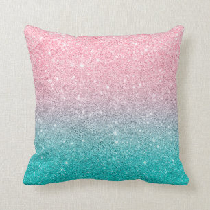 Turquoise-Blue & Salmon Pink Sparkling Glitter Cushion