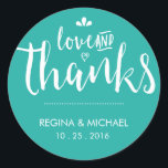 Turquoise Blue Script Wedding Thank You Sticker<br><div class="desc">Vintage and rustic decorative script font wedding thank you sticker. Elegant and classic design turquoise blue and white wedding favour sticker. Classic wedding favour,  bridal shower gift label,  birthday party,  engagement dinner,  baby shower and much more. The background colour can be changed to your desired theme.</div>