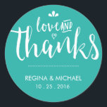 Turquoise Blue Script Wedding Thank You Sticker<br><div class="desc">Vintage and rustic decorative script font wedding thank you sticker. Elegant and classic design turquoise blue and white wedding favour sticker. Classic wedding favour,  bridal shower gift label,  birthday party,  engagement dinner,  baby shower and much more. The background colour can be changed to your desired theme.</div>