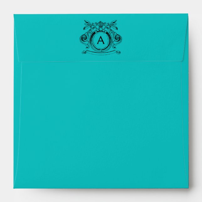 Turquoise Blue Scrollwork Monogram Envelopes (Back (Top Flap))