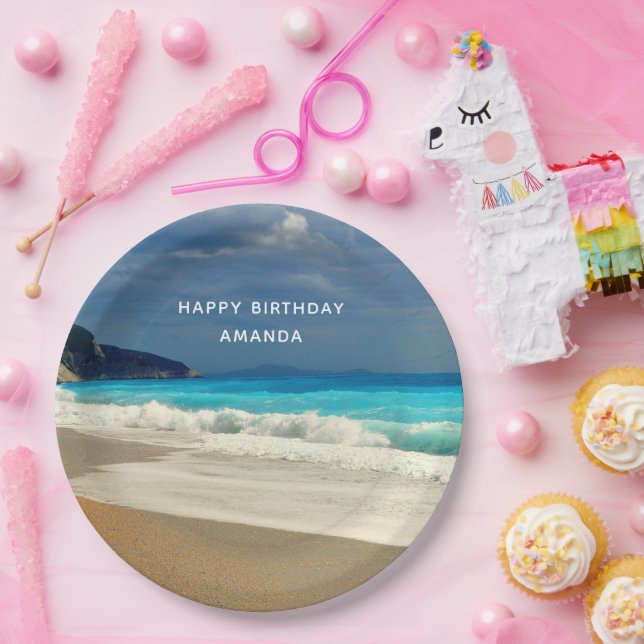 Turquoise Blue Sea Beach Photo Happy Birthday Paper Plate (Party)