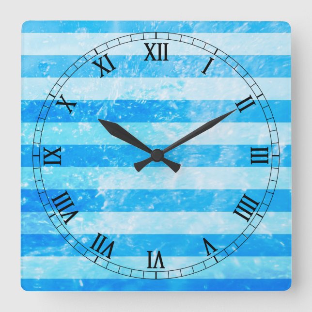 Turquoise Blue Sea Stripes Square Wall Clock (Front)