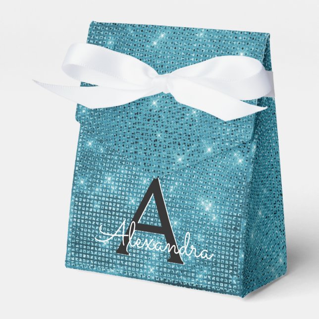 Turquoise Blue Shimmer Monogram - Add Your Name Favour Box (Front Side)