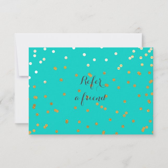 Turquoise Blue & Shiny Gold Dots Referral Card (Front)