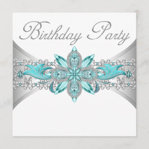 Turquoise Blue Silver Birthday Party Invitations
