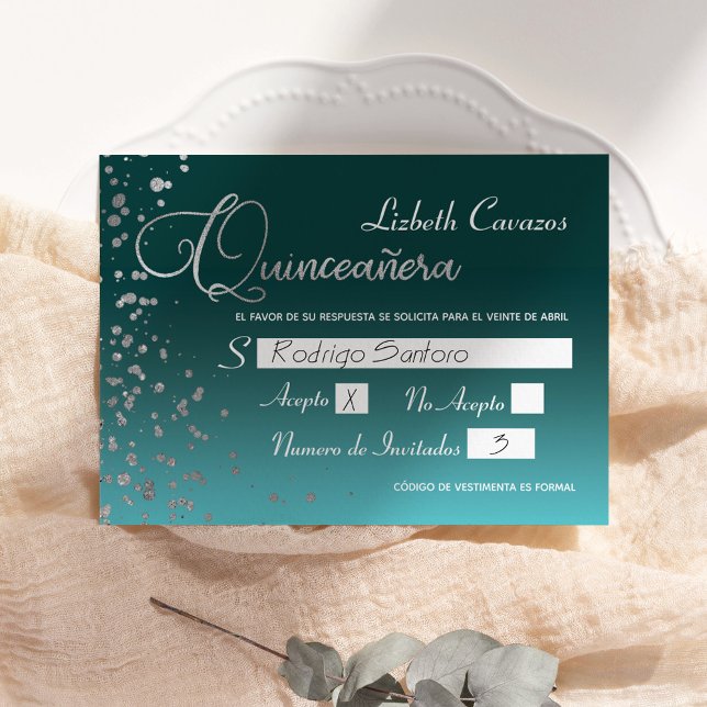 Turquoise Blue Silver Confetti Quinceanera RSVP Invitation (Creator Uploaded)