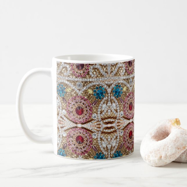 turquoise blue silver gold burgundy pink bohemian coffee mug (With Donut)