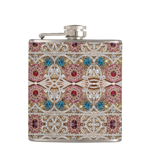 turquoise blue silver gold burgundy pink bohemian hip flask (Front)