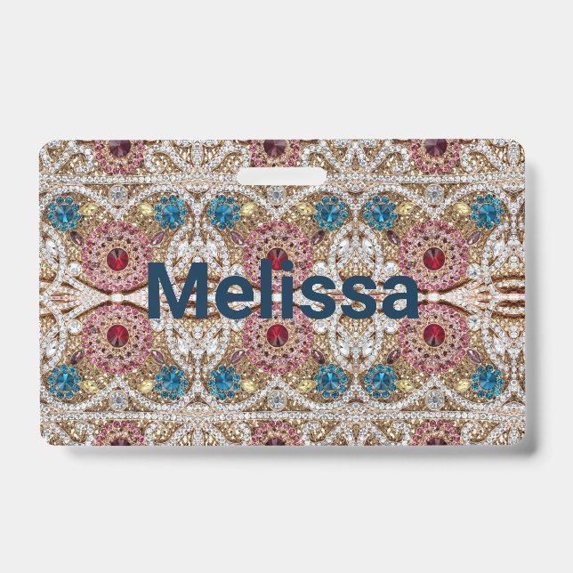 turquoise blue silver gold burgundy pink bohemian ID badge (Front)