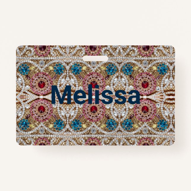 turquoise blue silver gold burgundy pink bohemian ID badge (Front)