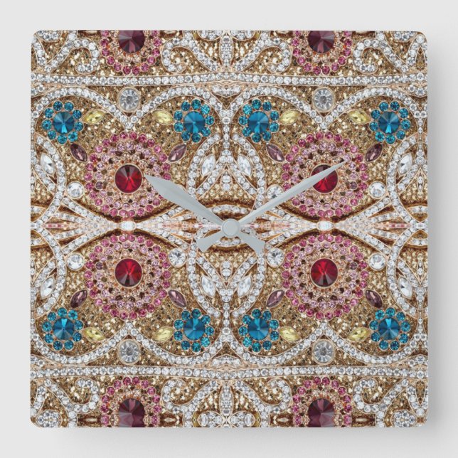 turquoise blue silver gold burgundy pink bohemian square wall clock (Front)