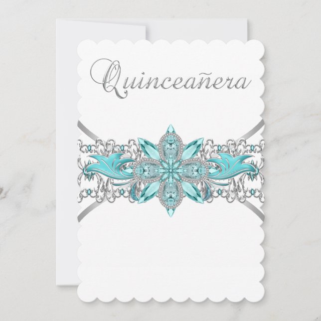 Turquoise Blue Silver Quinceanera Invitation (Front)