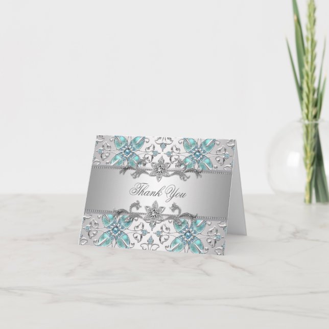 Turquoise Blue Silver Thank You Cards (Front)
