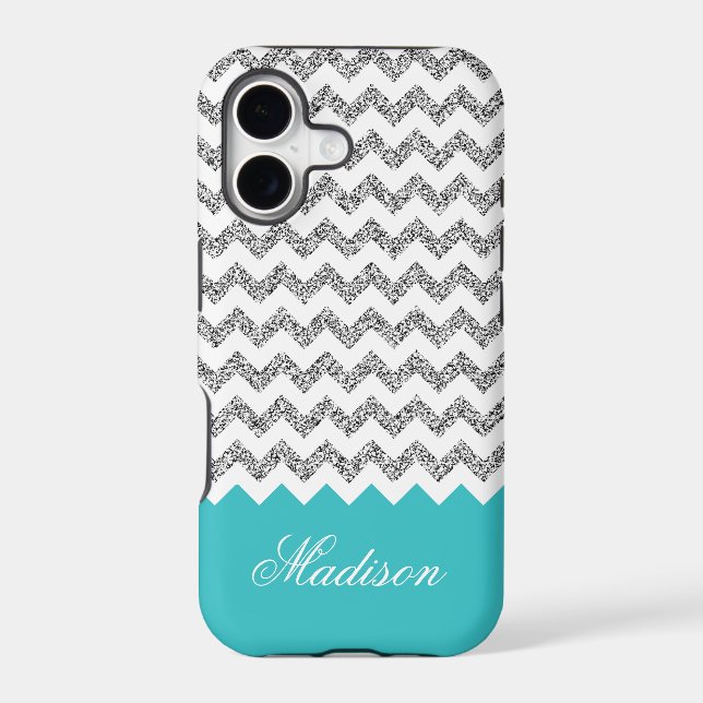 Turquoise Blue Silvery Glitter Chevron Pattern (Back)