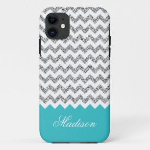Turquoise Blue Silvery Glitter Chevron Pattern iPhone 11 Case