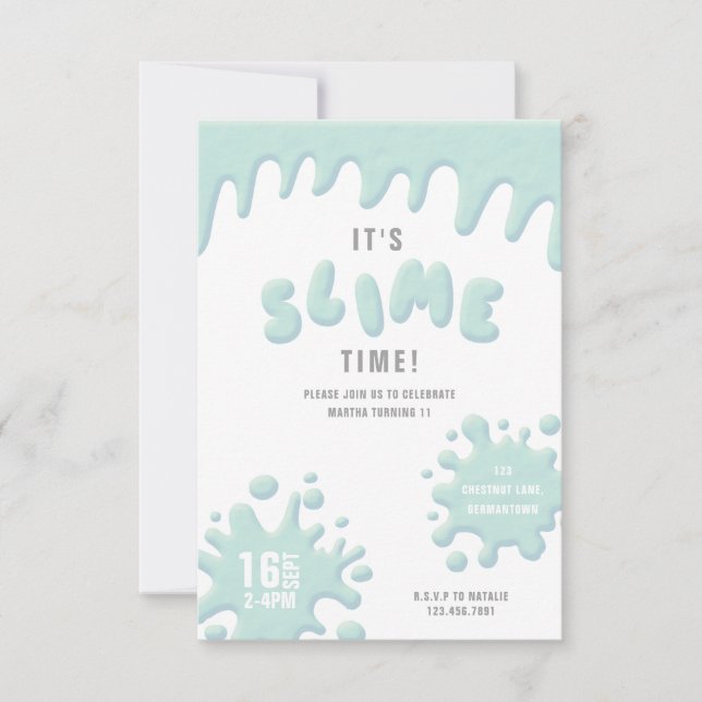Turquoise blue slime party invitation (Front)