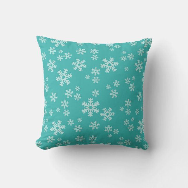 Turquoise Blue Snow Flake Christmas Pillow (Front)