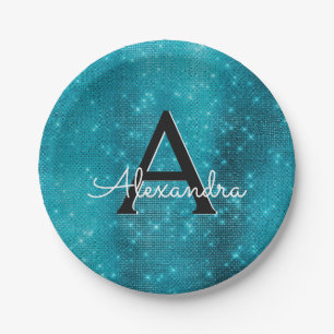 Turquoise Blue Sparkle Monogram Birthday Paper Plate