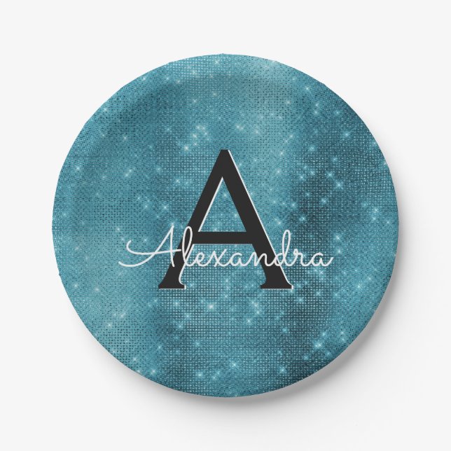 Turquoise Blue Sparkle Monogram Birthday Paper Plate (Front)