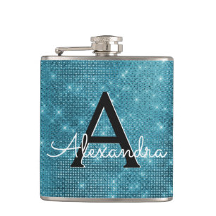 Turquoise Blue Sparkle Monogram & Initial Hip Flask