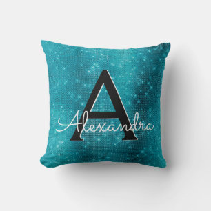 Turquoise Blue Sparkle Monogram Name & Initial Cushion