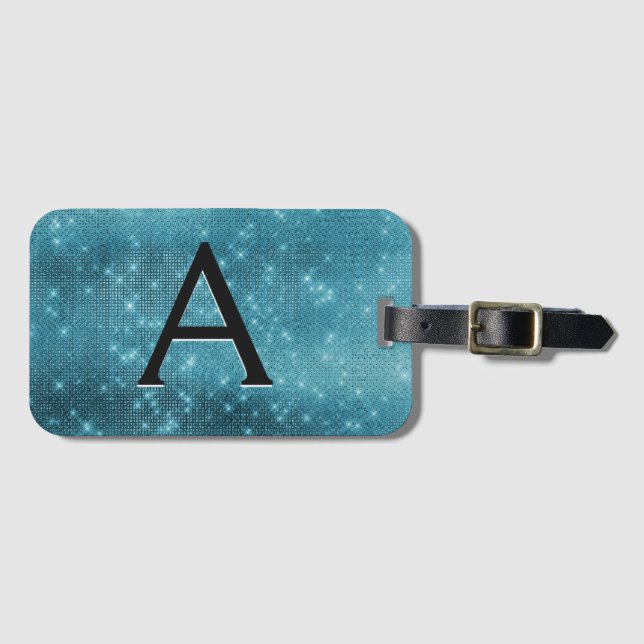 Turquoise Blue Sparkle Twinkle Sparkle Monogram Luggage Tag (Front Horizontal)