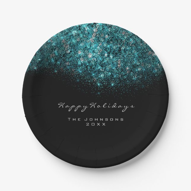 Turquoise Blue Sparkly Glitter Black White Holiday Paper Plate (Front)
