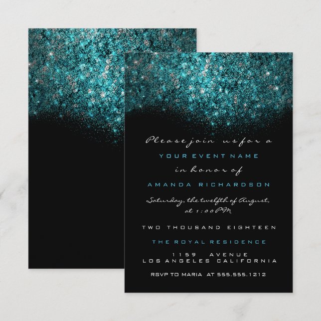 Turquoise Blue Sparkly Glitter Black White Officia Invitation (Front/Back)