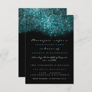 Turquoise Blue Sparkly Glitter Black White Officia Invitation