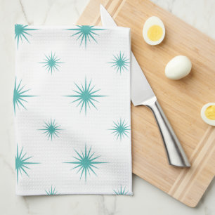 Turquoise Blue Starburst Pattern Mid-century Retro Tea Towel