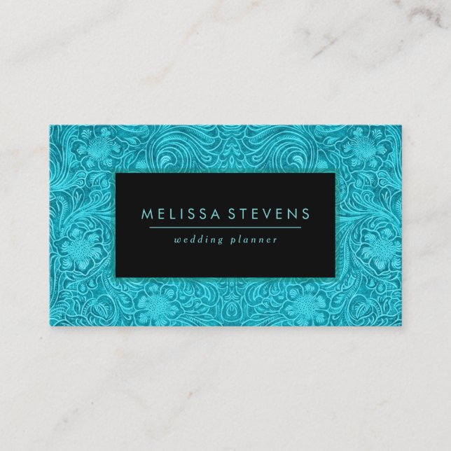Turquoise Blue Suede Floral Leather Texture Print Business Card (Front)