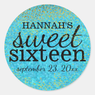 Turquoise Blue Sweet 16 Party Sticker Gold Glitter