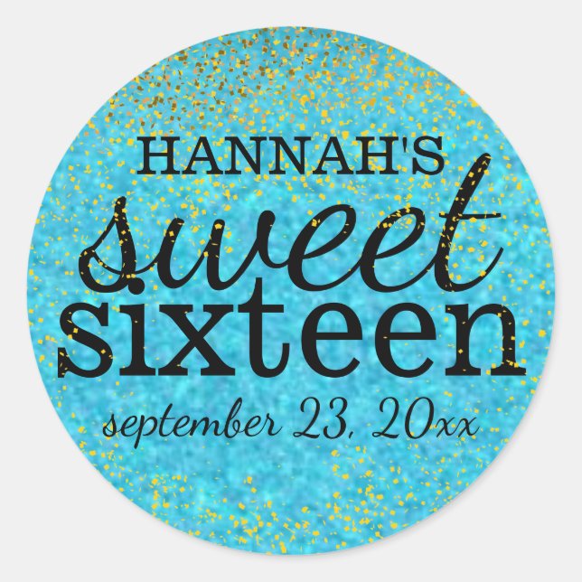 Turquoise Blue Sweet 16 Party Sticker Gold Glitter (Front)